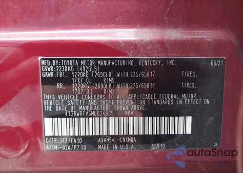 2021 Toyota Rav4 Hybrid Xle z USA, uszkodzony, nr VIN 4T3RWRFV5MU024535